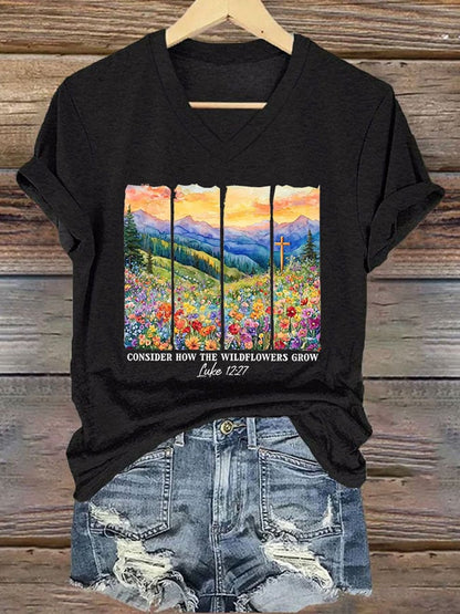 Women'S Casual Consider The Wildflowers Christian Print Short Sleeve T-Shirt