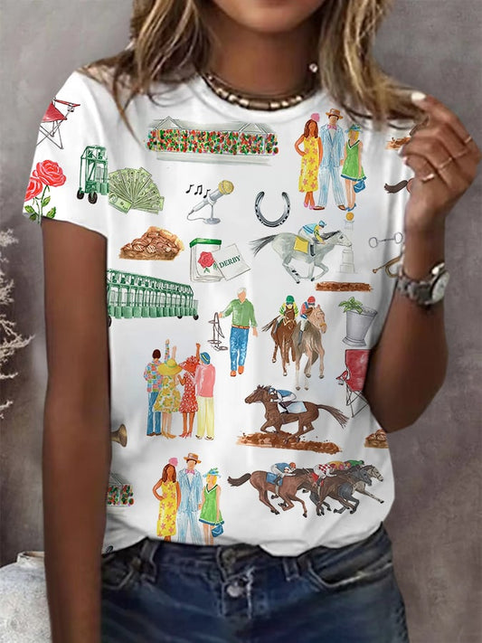 Women's Retro Derby Day Printed Short-Sleeved T-Shirt