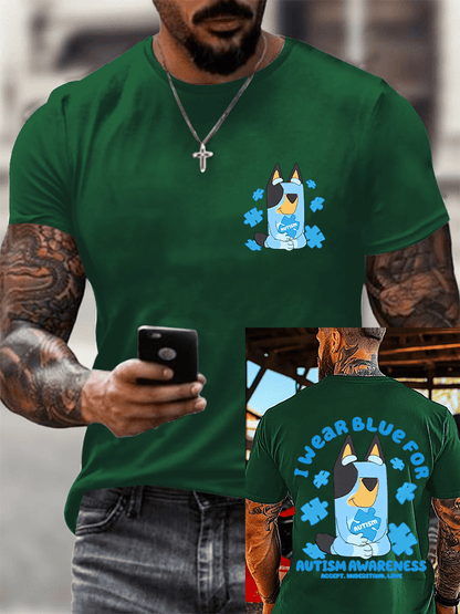 Men's Retro Autism Awareness I Wear Blue For Autism Printed Round Neck T-Shirt