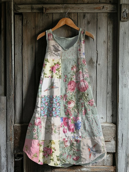 Women's Vintage Floral Patchwork Art Linen Blend Tank Dress