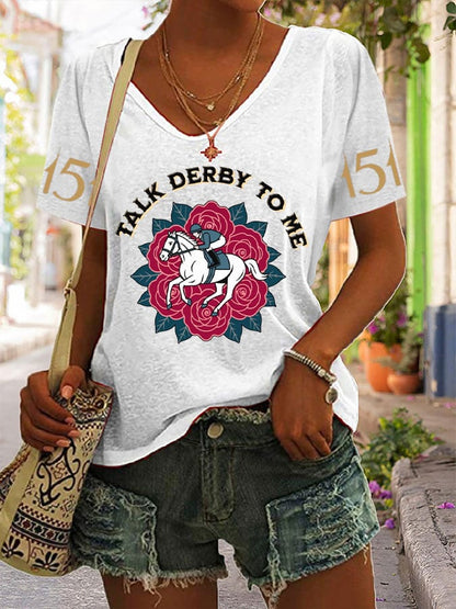 Women's Horse Racing Print V-Neck T-Shirt
