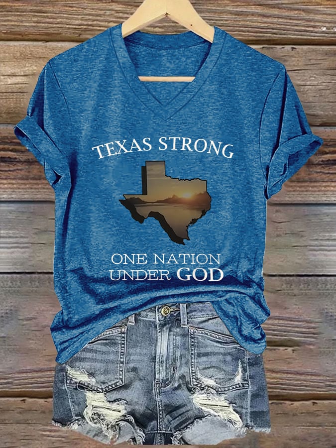 V-Neck Retro Texas Strong One Nation Under God Print T-Shirt