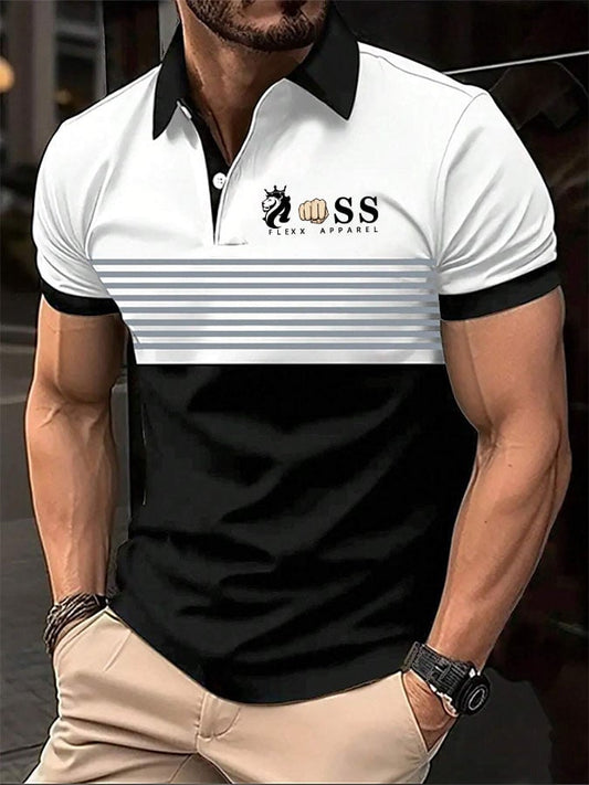 Men's Striped Lettering Casual Polo Shirt