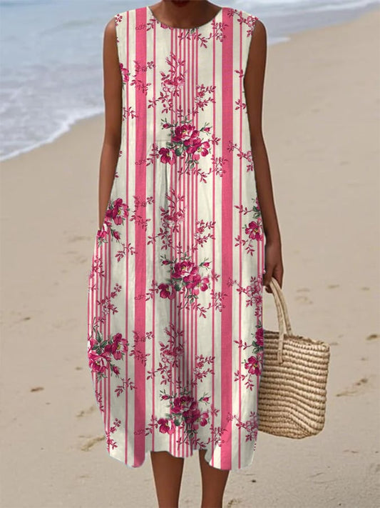 Women's Vintage Botanical Floral Patchwork Art Print With Pockets Dress