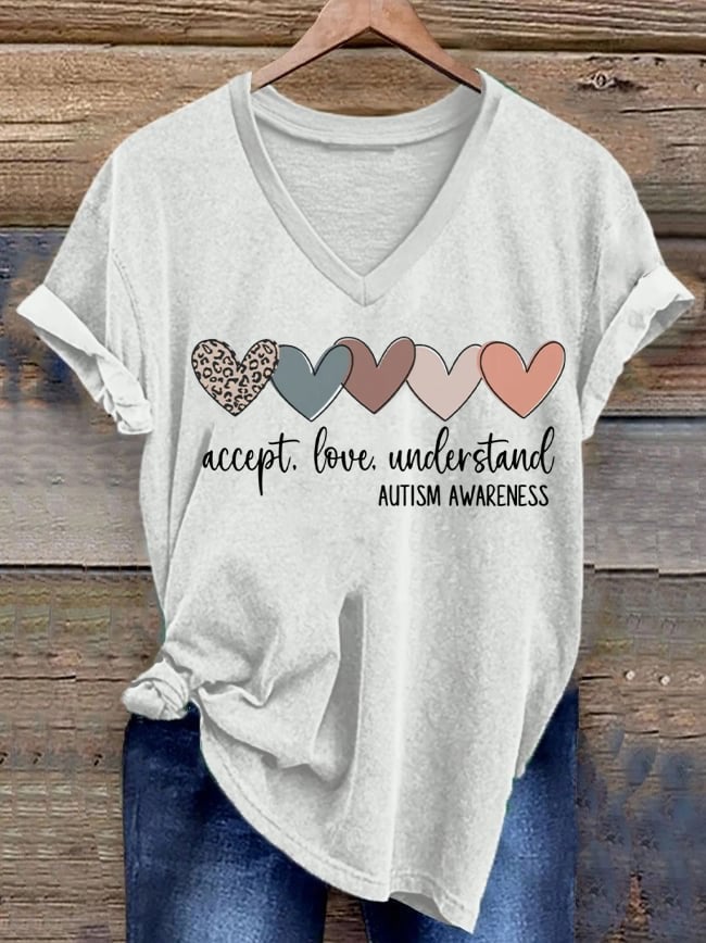 Women's Accept. Love Understand Autism Awareness Printed Short-Sleeved T-Shirt