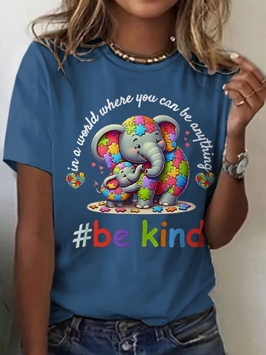 Women's Retro Be Kind Autism Awareness Elephant Print Round Neck T-Shirt