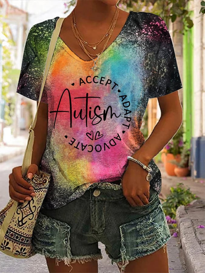 Women's Autism Awareness Autism Accept Adapt Advocate Print Tie Dye V-Neck T-Shirt