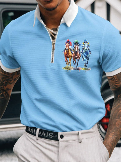Men's Horse Racing Printed Casual Polo Shirt