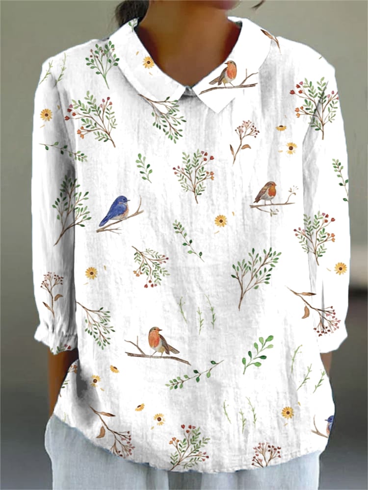 Women's Casual Retro Floral And Bird Print Shirt