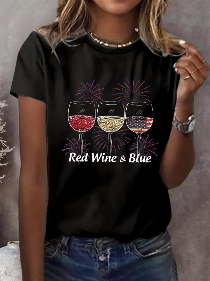 🔥Last Day 49% Off🔥Women's Red Wine And Blue Print Casual T-Shirt