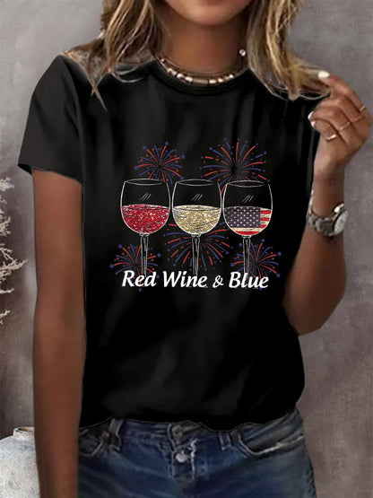🔥Last Day 49% Off🔥Women's Red Wine And Blue Print Casual T-Shirt
