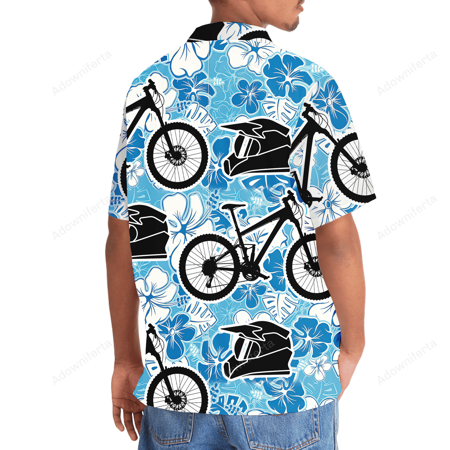 Mountain Bike Blue White Hibicus Hawaiian Shirt