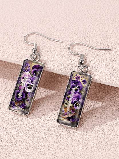 Purple Square Pansy Design Earrings