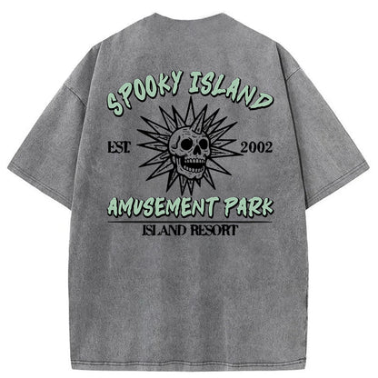 Spooky Island Cartoon Halloween Washed Cotton T-Shirt
