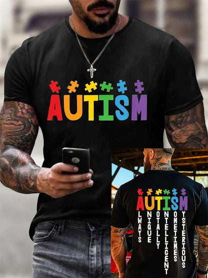 Men's Retro Autism Is Always Unique Totally Smart Autism Awareness Printed Round Neck T-Shirt
