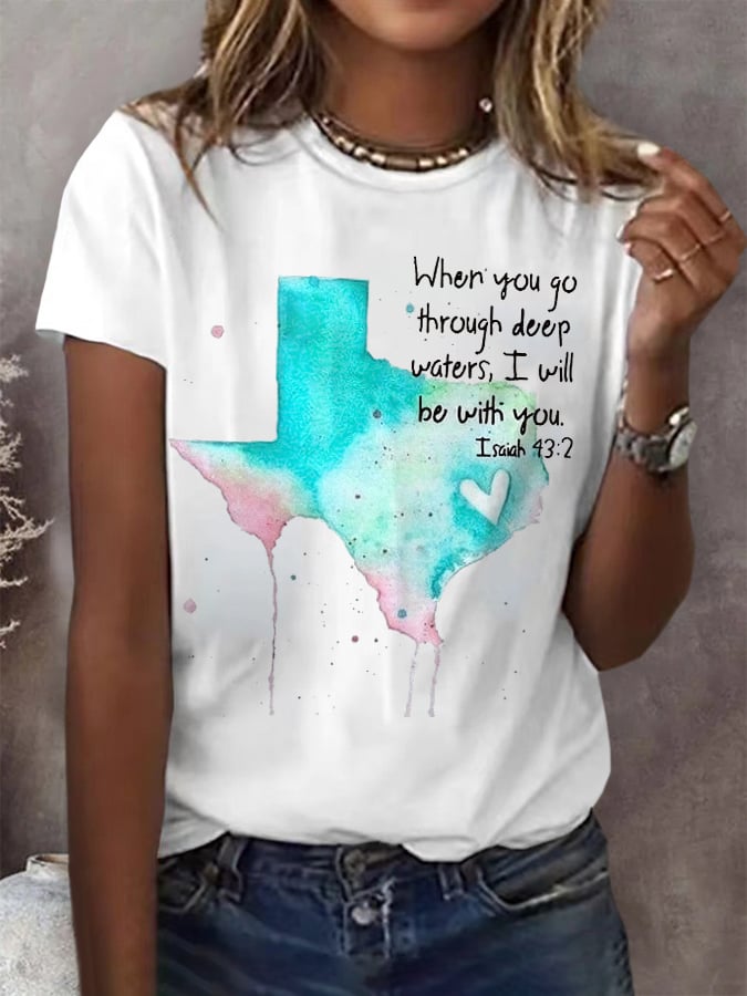 Retro Texas Strong When You Go Through Deep Waters, I Will Be With You. Isaiah 43:2 Print T-Shirt