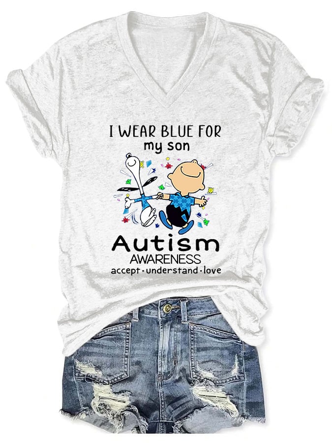 V-neck Autism Awareness I Wear Blue For My Son Print T-Shirt