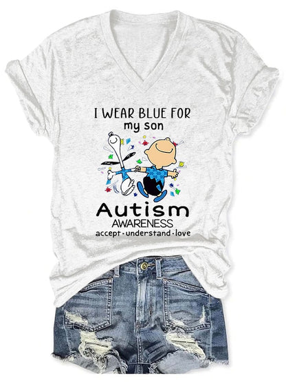V-neck Autism Awareness I Wear Blue For My Son Print T-Shirt