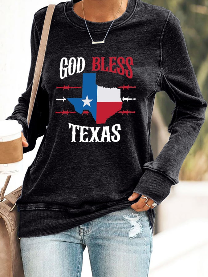 Retro Texas Strong God Bless Texas Print Sweatshirt
