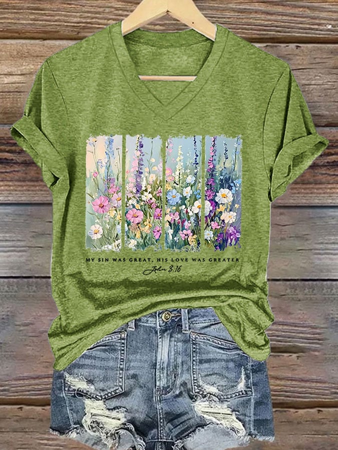 Women'S Casual My Sin Was Great His Love Was Greater Bible Verse painting Print Short Sleeve T-Shirt