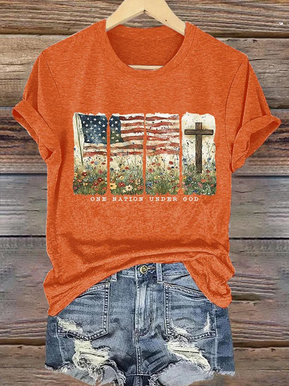 Women'S Casual One Nation Under God Faith Graphic Print Short Sleeve T-Shirt
