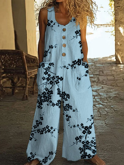 Fashionable And Casual Cotton And Linen Floral Art Jumpsuit