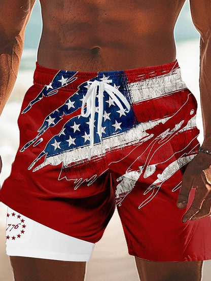Men's Independence Day Printed Double Layer Design Shorts (With Pockets)