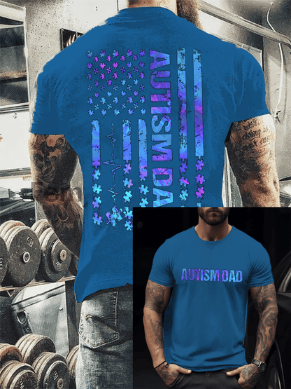 Men's Retro Autism Puzzle Piece American Flag Autism Awareness Printed Round Neck T-Shirt