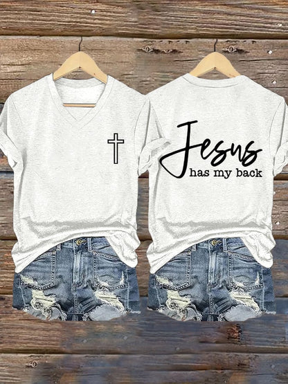 Women's Jesus Has My Back Printed Casual V-Neck T-Shirt