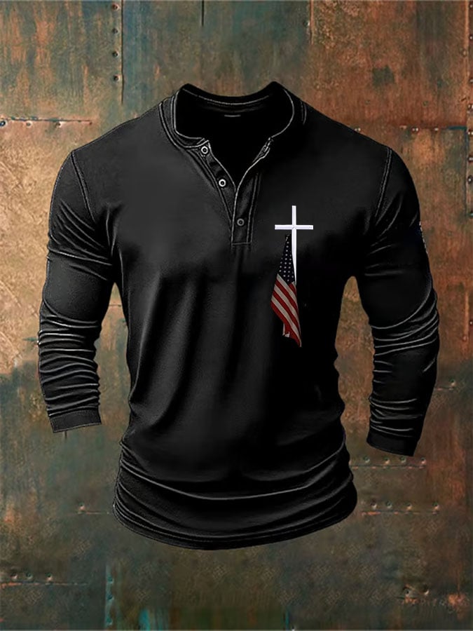 Men's Flag Cross Print Henley Neck Top