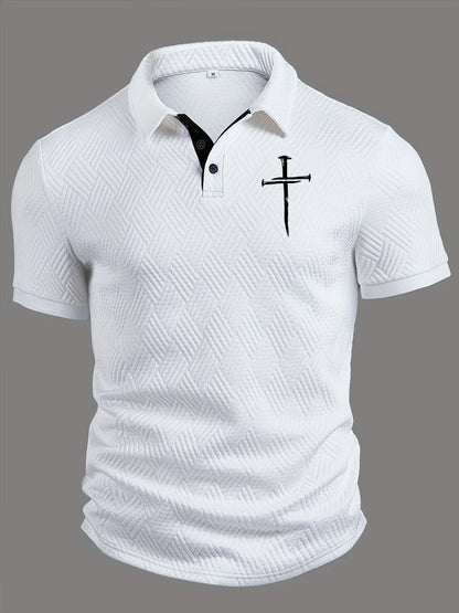 Men's Textured Jacquard Fabric Patchwork Contrast Color Cuff Rib Polo Shirt