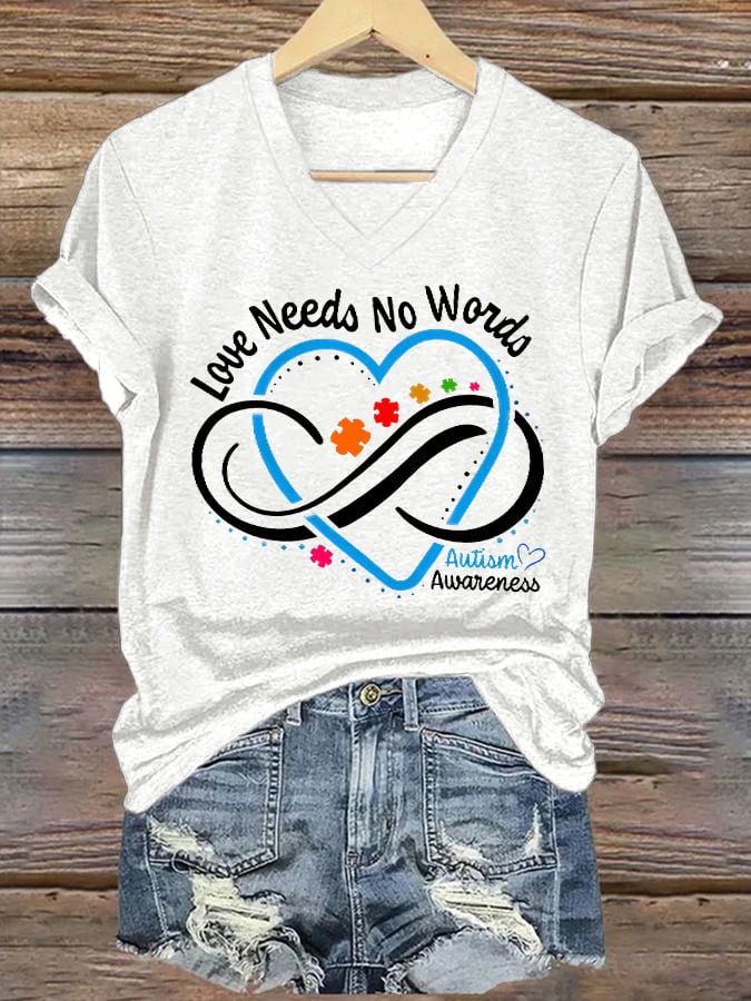 V-neck Retro Autism Awareness Love Needs No Words Infinity Symbol Print T-Shirt
