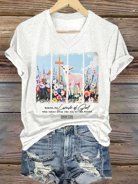 Women'S Casual Lamb of God Sublimation Bible Verse Print Short Sleeve T-Shirt