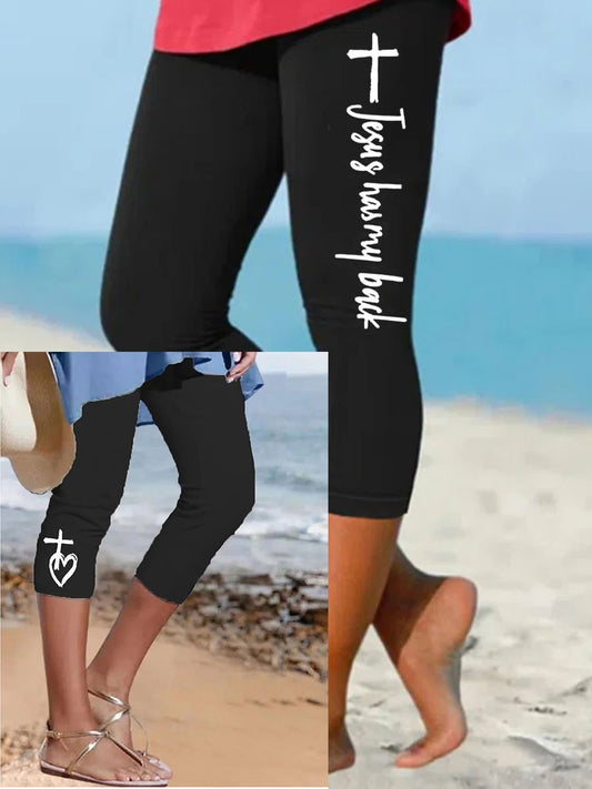Women's Faith Jesus Has My Back Cross Print Cropped Yoga Leggings