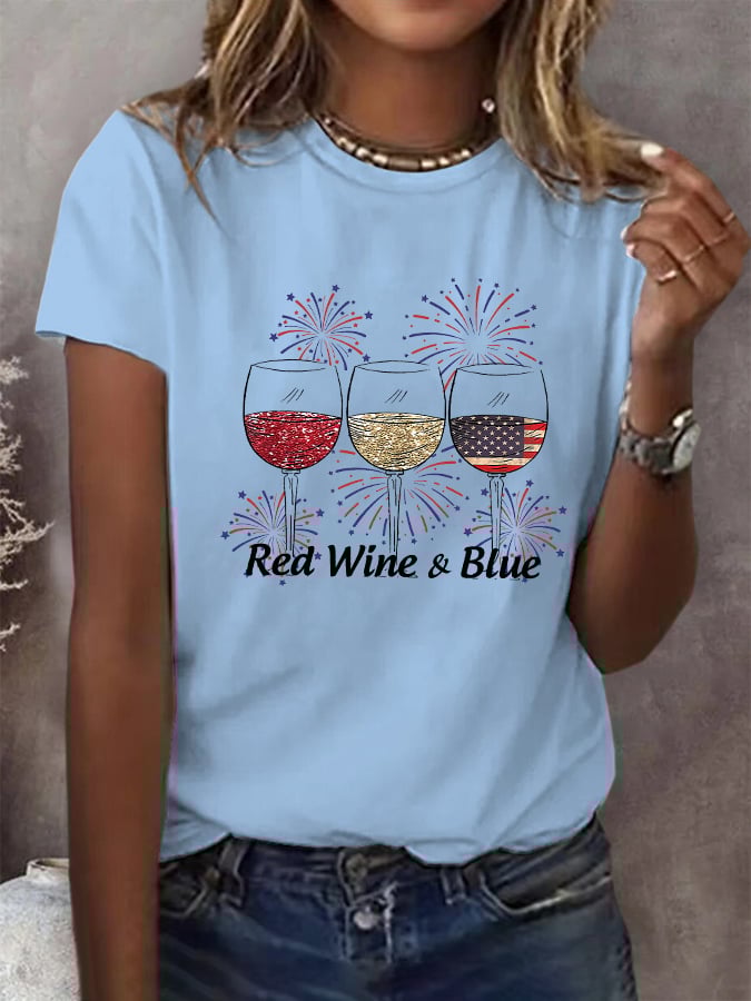 🔥Last Day 49% Off🔥Women's Red Wine And Blue Print Casual T-Shirt