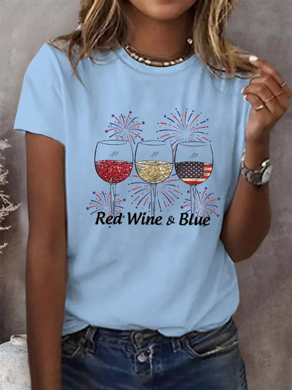 🔥Last Day 49% Off🔥Women's Red Wine And Blue Print Casual T-Shirt