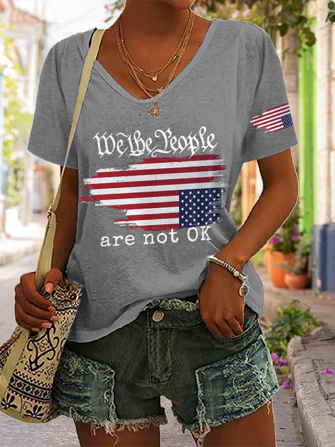 V-neck Retro We The People Are Not Ok Print T-Shirt
