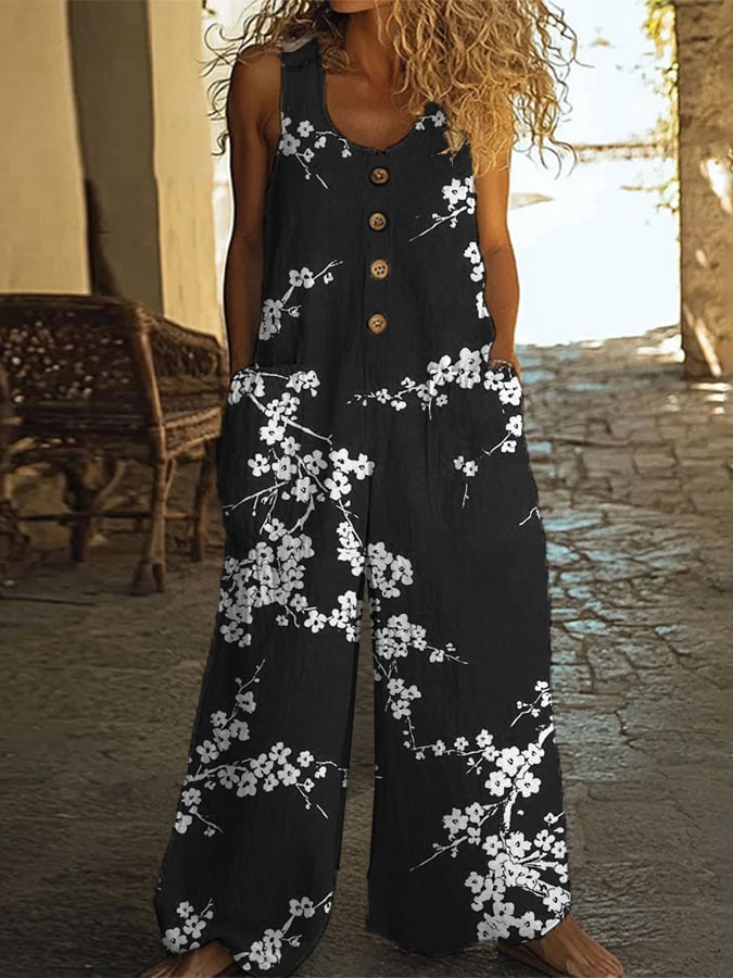 Fashionable And Casual Cotton And Linen Floral Art Jumpsuit