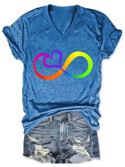 V-neck Autism Infinity Print T-Shirt
