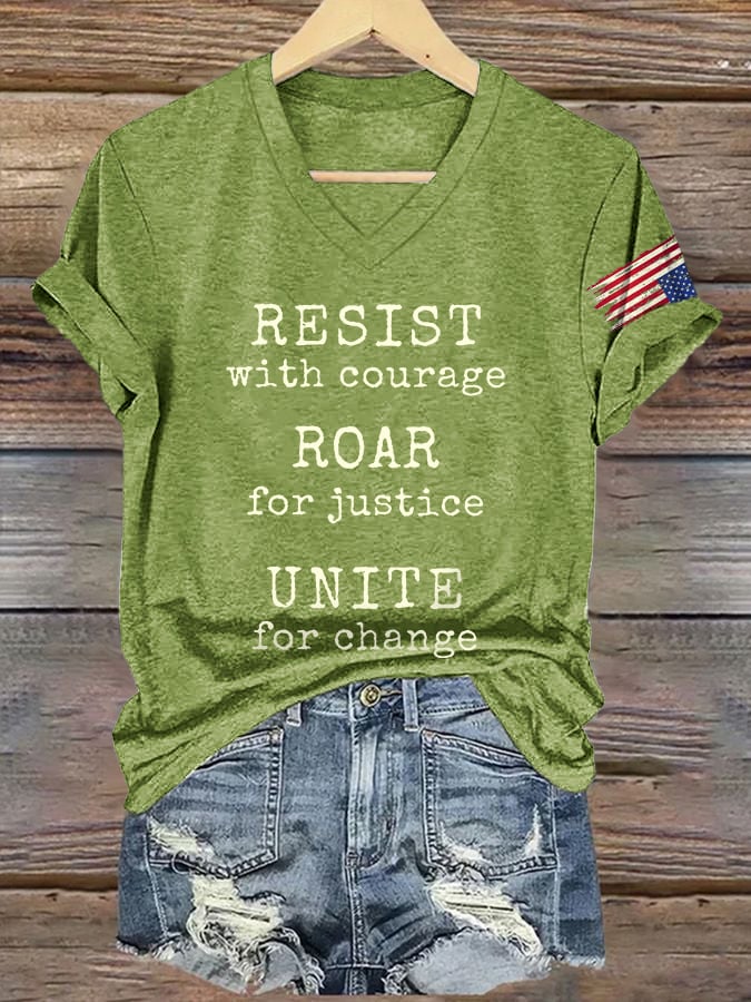 V-Neck Retro Resist With Courage Roar For Justice Unite For Change Print T-Shirt