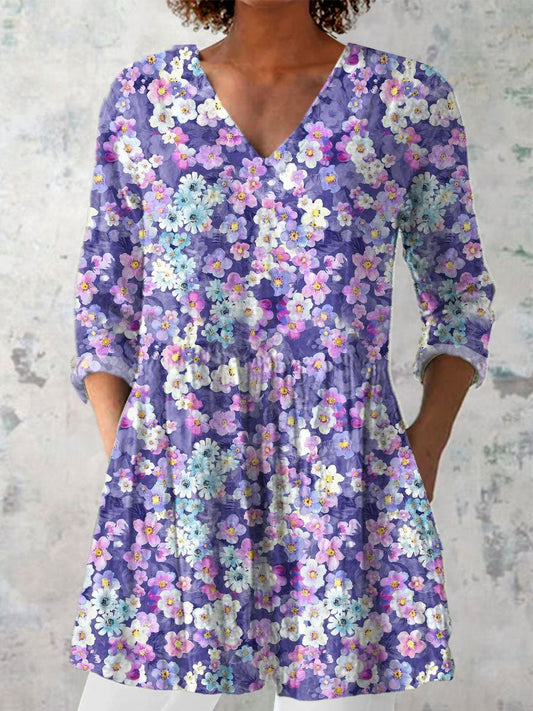 Women's Casual Art Purple Floral Cotton And Linen Shirt