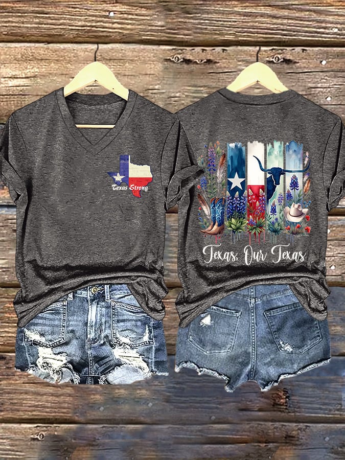 V-Neck Retro Texas Strong Texas Our Texas Print T-Shirt