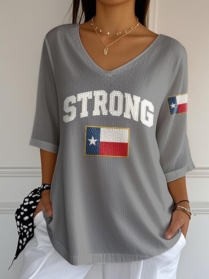 V-Neck Retro Texas Strong Print T-Shirt