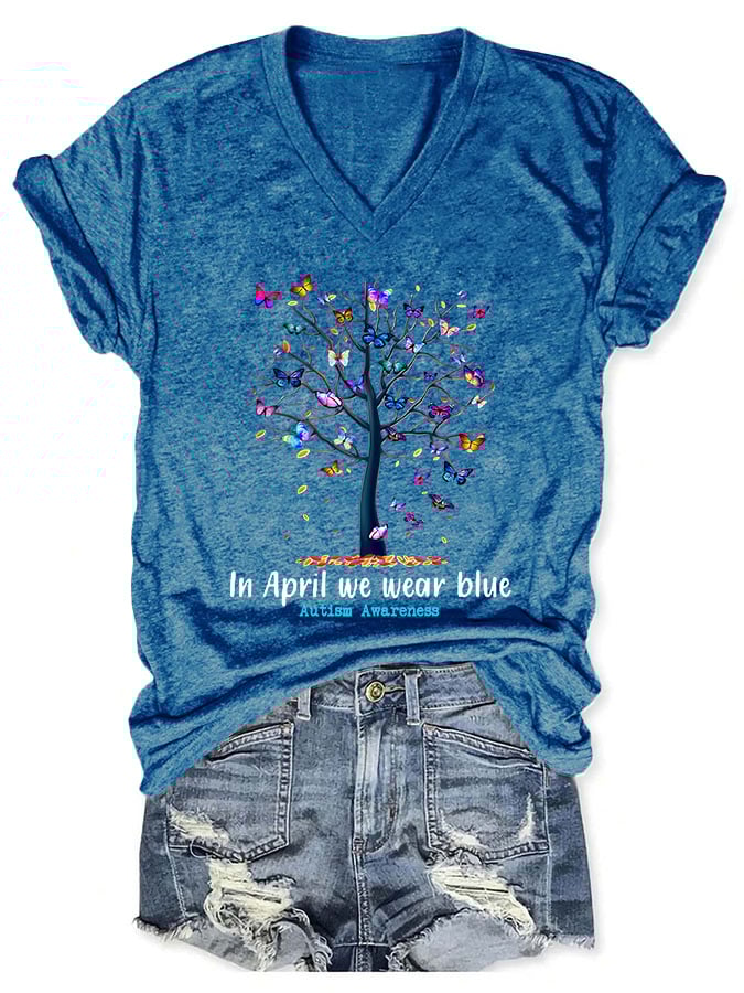V-neck Butterfly Tree Autism Awareness In April We Wear Blue Print T-Shirt