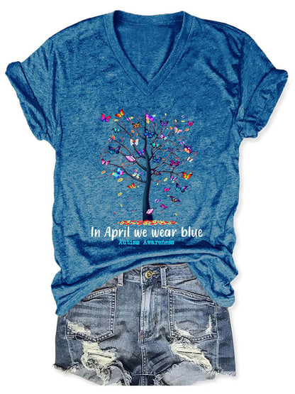 V-neck Butterfly Tree Autism Awareness In April We Wear Blue Print T-Shirt