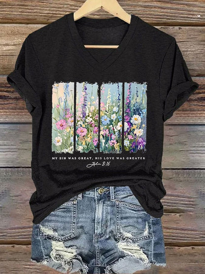 Women'S Casual My Sin Was Great His Love Was Greater Bible Verse painting Print Short Sleeve T-Shirt