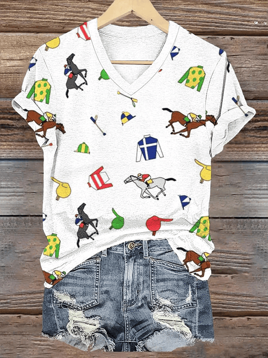 Women’s Retro Kentucky Derby Print V-Neck T-Shirt