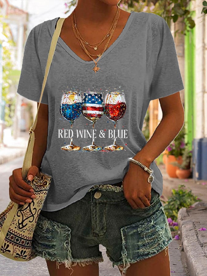 🔥Last Day 49% Off🔥Women's Red Wine & Blue Print Casual T-Shirt