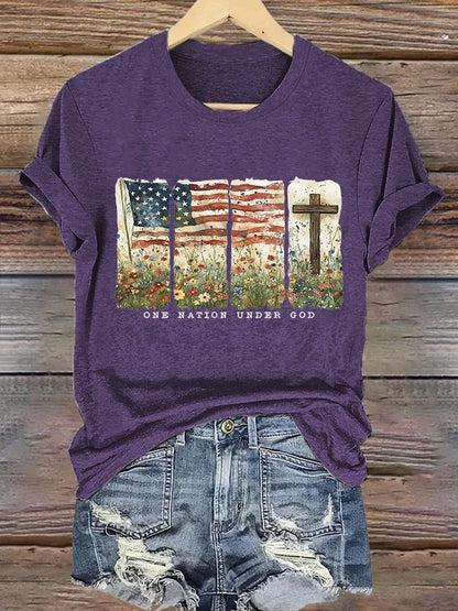 Women'S Casual One Nation Under God Faith Graphic Print Short Sleeve T-Shirt