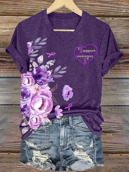 Women'S Alzheimer's Disease Awareness Floral  Printed Casual T-Shirt